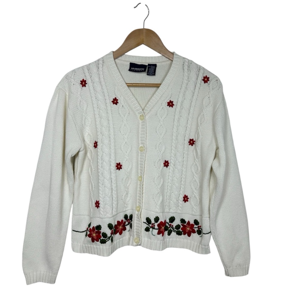 Liz Claiborne‎ Cotton Ivory Knit Embroidery Poinsettias  Buttoned Cardigan L